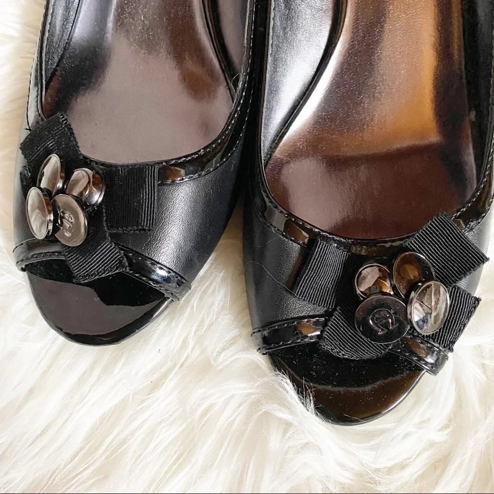 Etienne Aigner Black Peep Toe Patent Wedges SZ 8.5